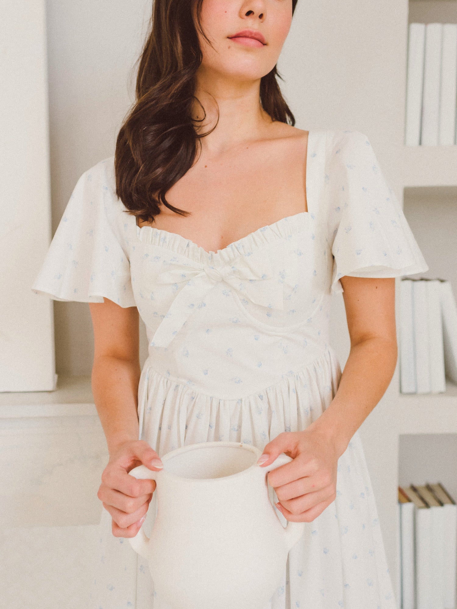 White sweetheart neckline dress with flutter sleeves from the Blue Blooms French Milkmaid Dress