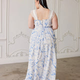 Floor-length Blue Toile Lovers Gown with cap sleeves and square neckline