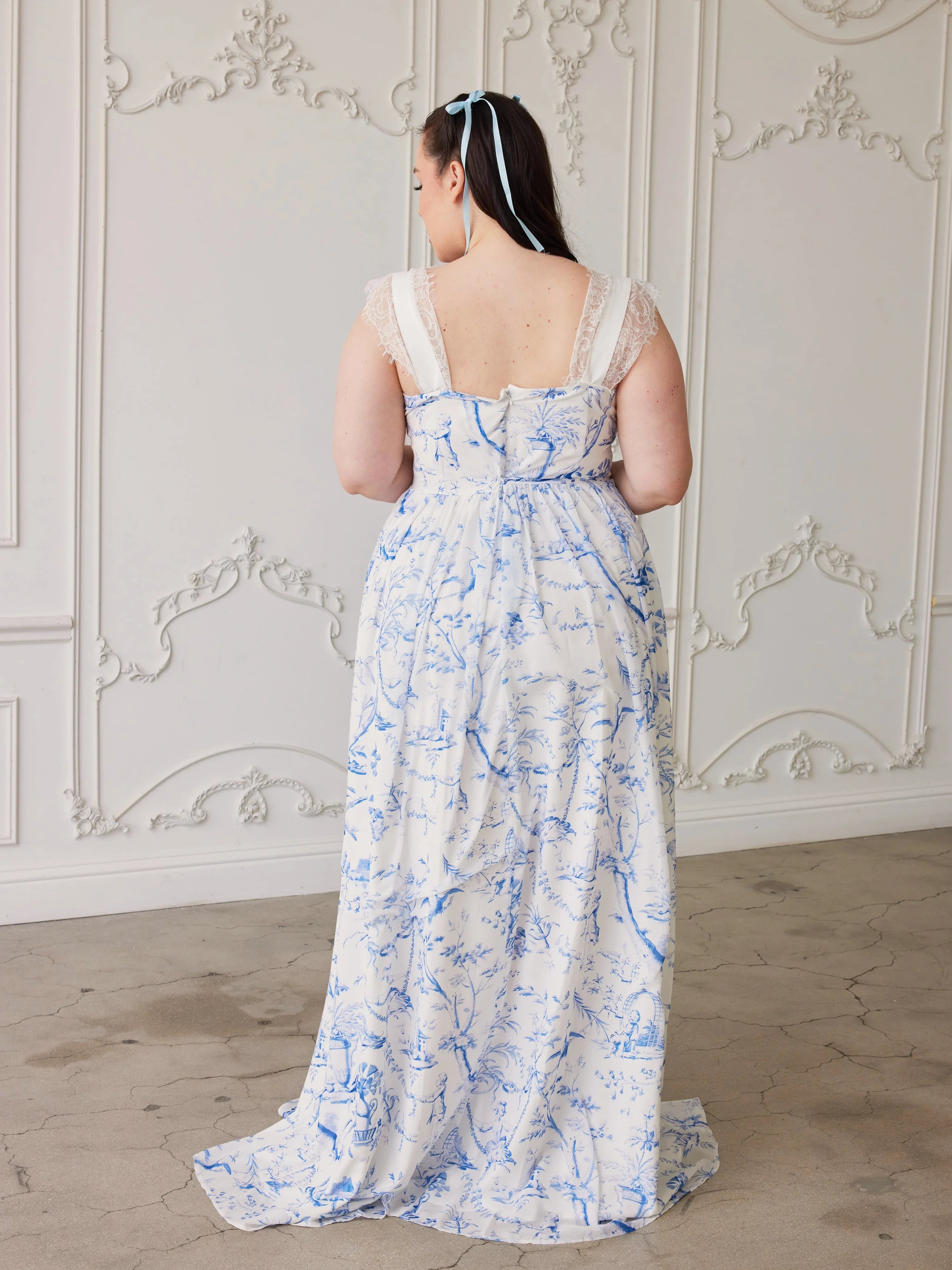 Floor-length Blue Toile Lovers Gown with cap sleeves and square neckline