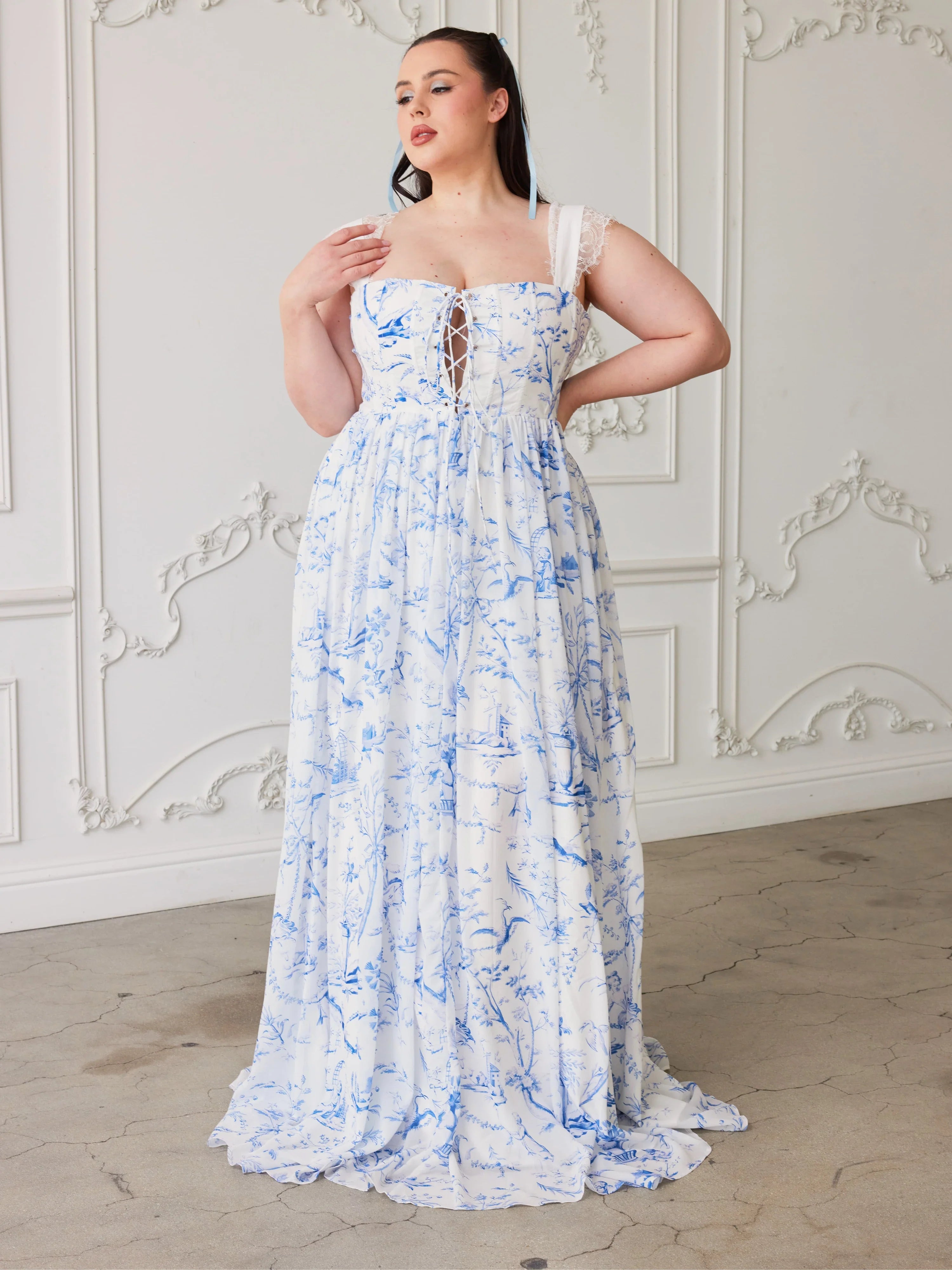 Floor-length floral dress with corset bodice from The Blue Toile Lovers Gown collection