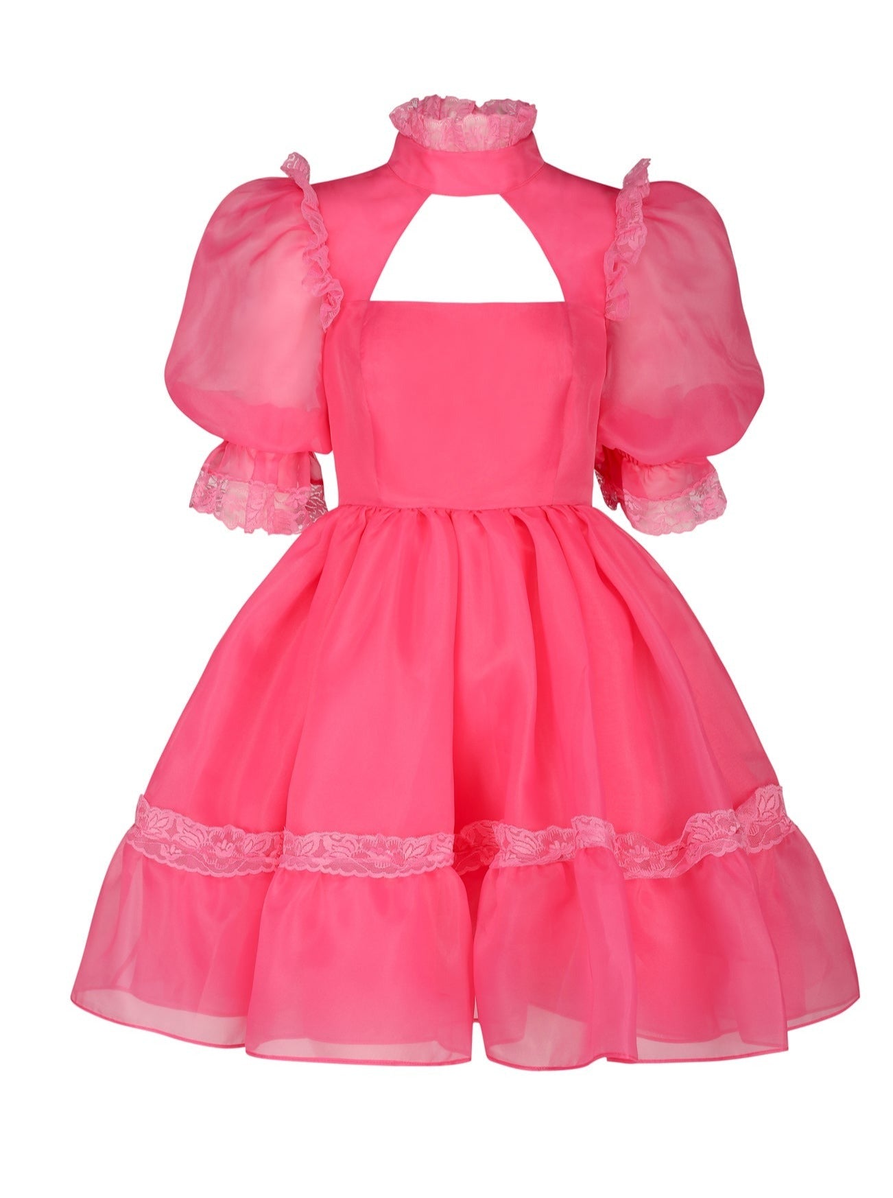 Bright pink puffy-sleeved 18th dress with lace trim and cutout neckline, featuring a grand bow sash