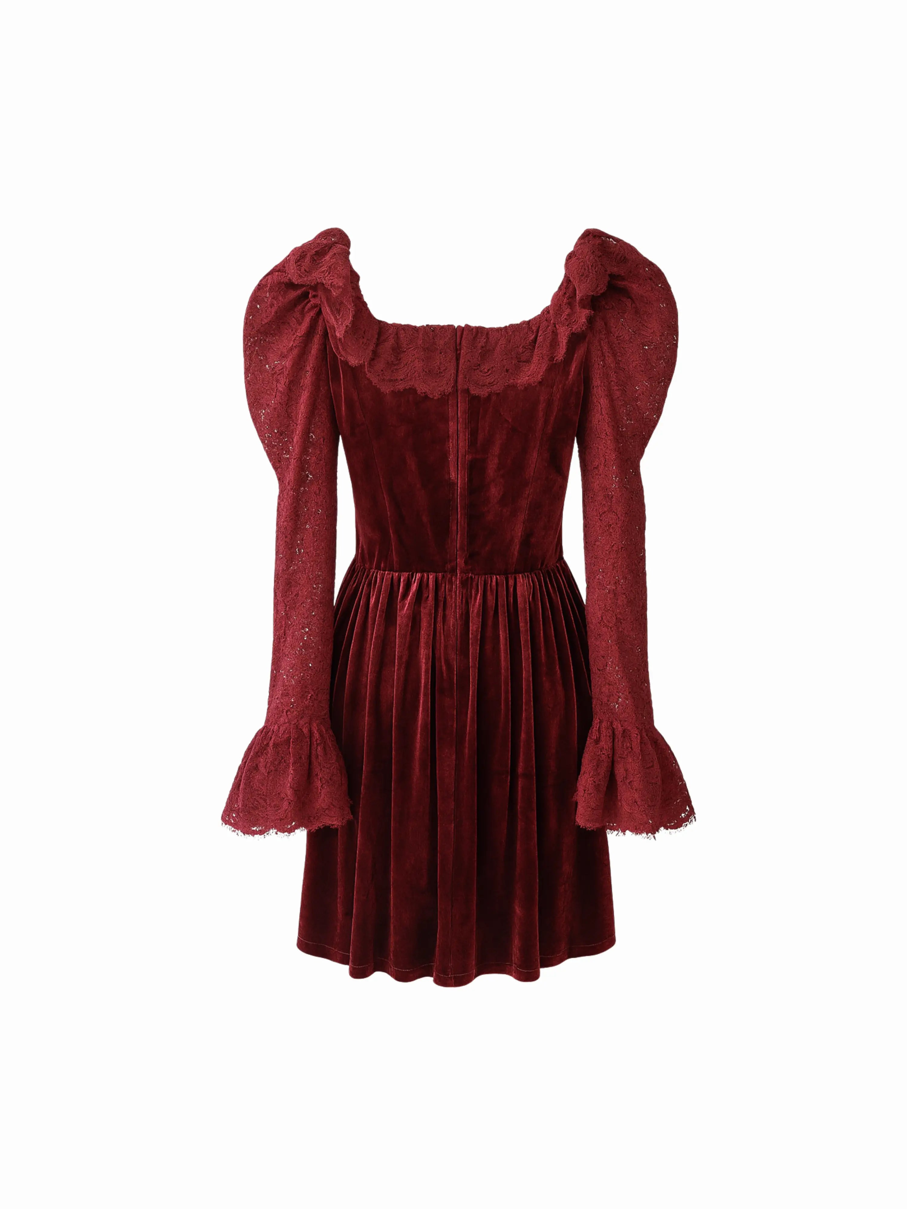 Back view ghost mannequin image of the Cassiopeia red lace mini dress on a white background.