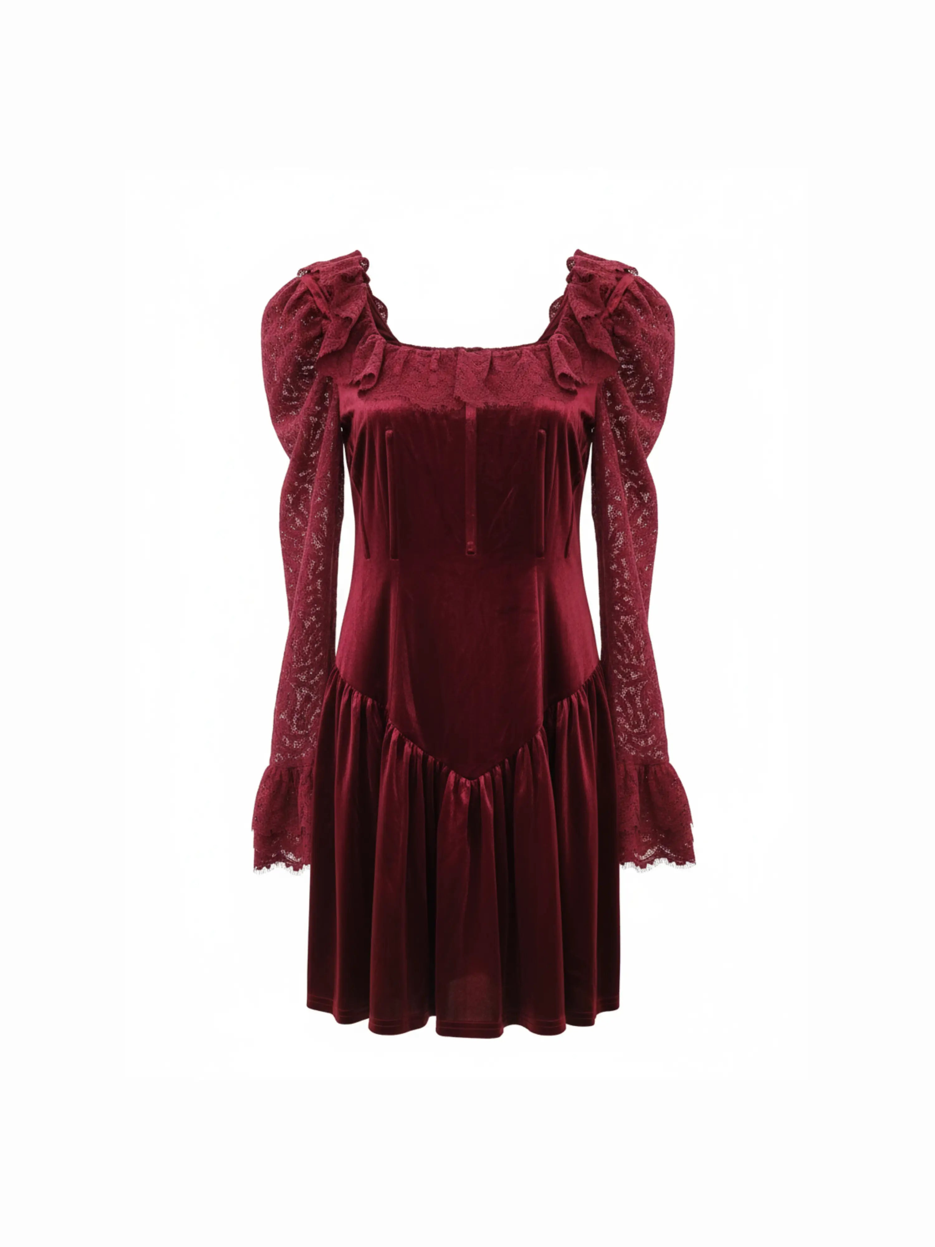 Ghost mannequin image of the Cassiopeia red lace mini dress on a white background.