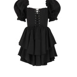 Black gothic-style party dress in ponte fabric with puffed sleeves and laced bodice