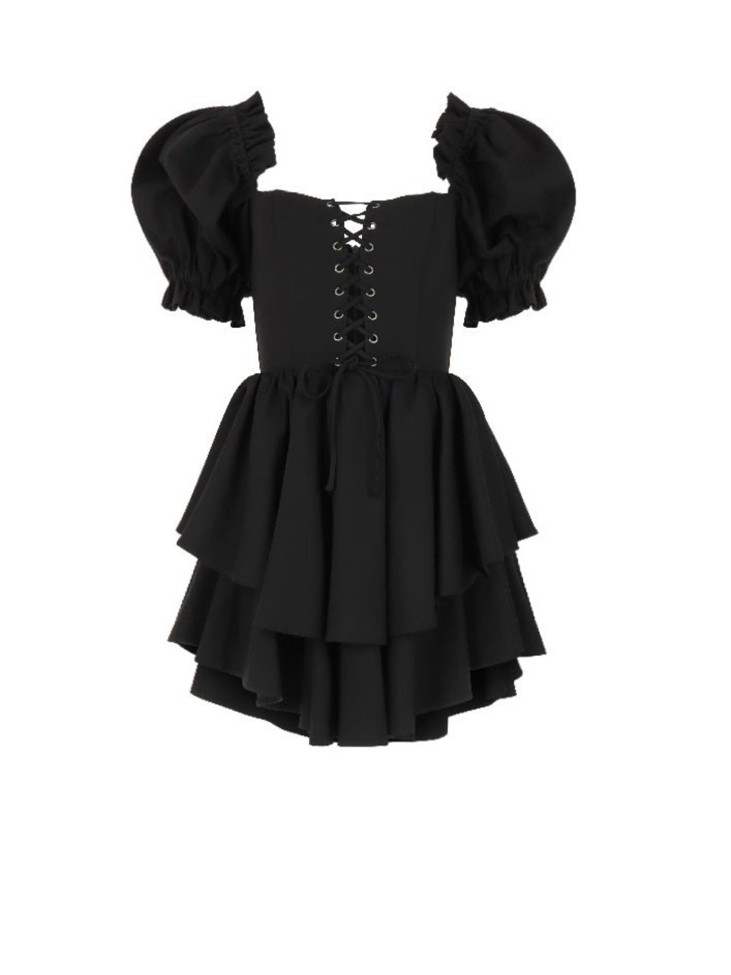 Black gothic-style party dress in ponte fabric with puffed sleeves and laced bodice