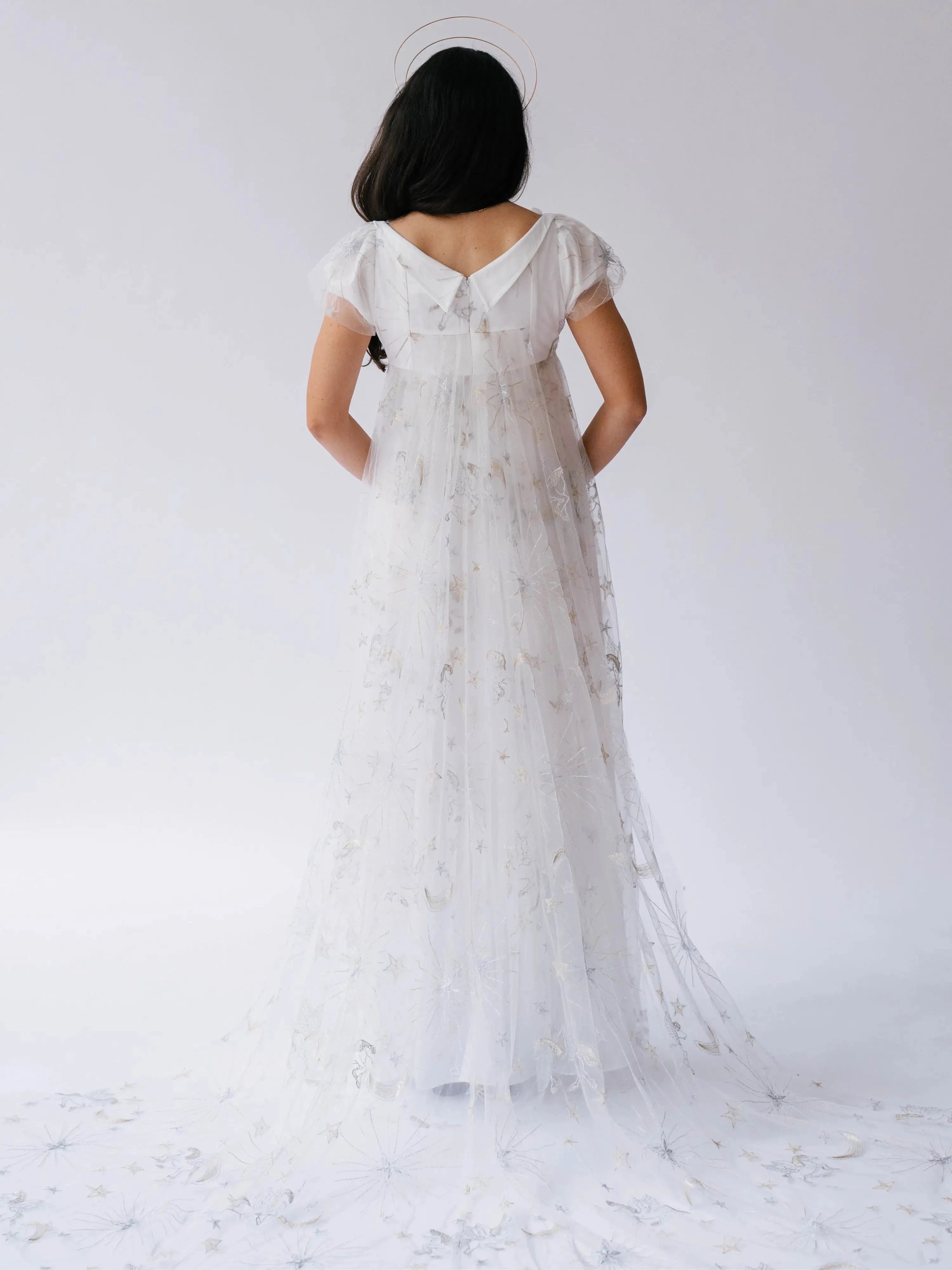 Back view of the Celestial Veil Dauphine Lace Gown showcasing V-back and celestial lace train.