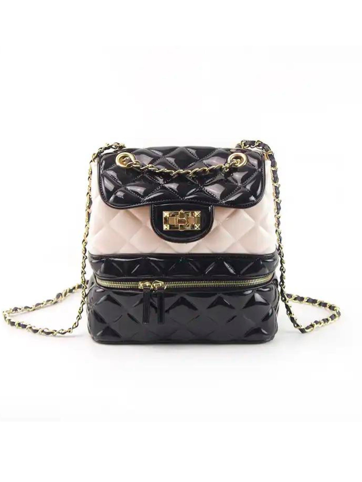 Classy Jelly Backpack Purse featuring black and pink quilted design with gold chain strap