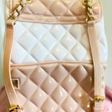 Quilted pink and white Classy Jelly Backpack Purse with gold chain straps