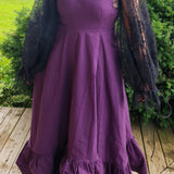 Purple Cotton Everyday Dress with fitted bodice, sheer black lace sleeves, and ruffled hem