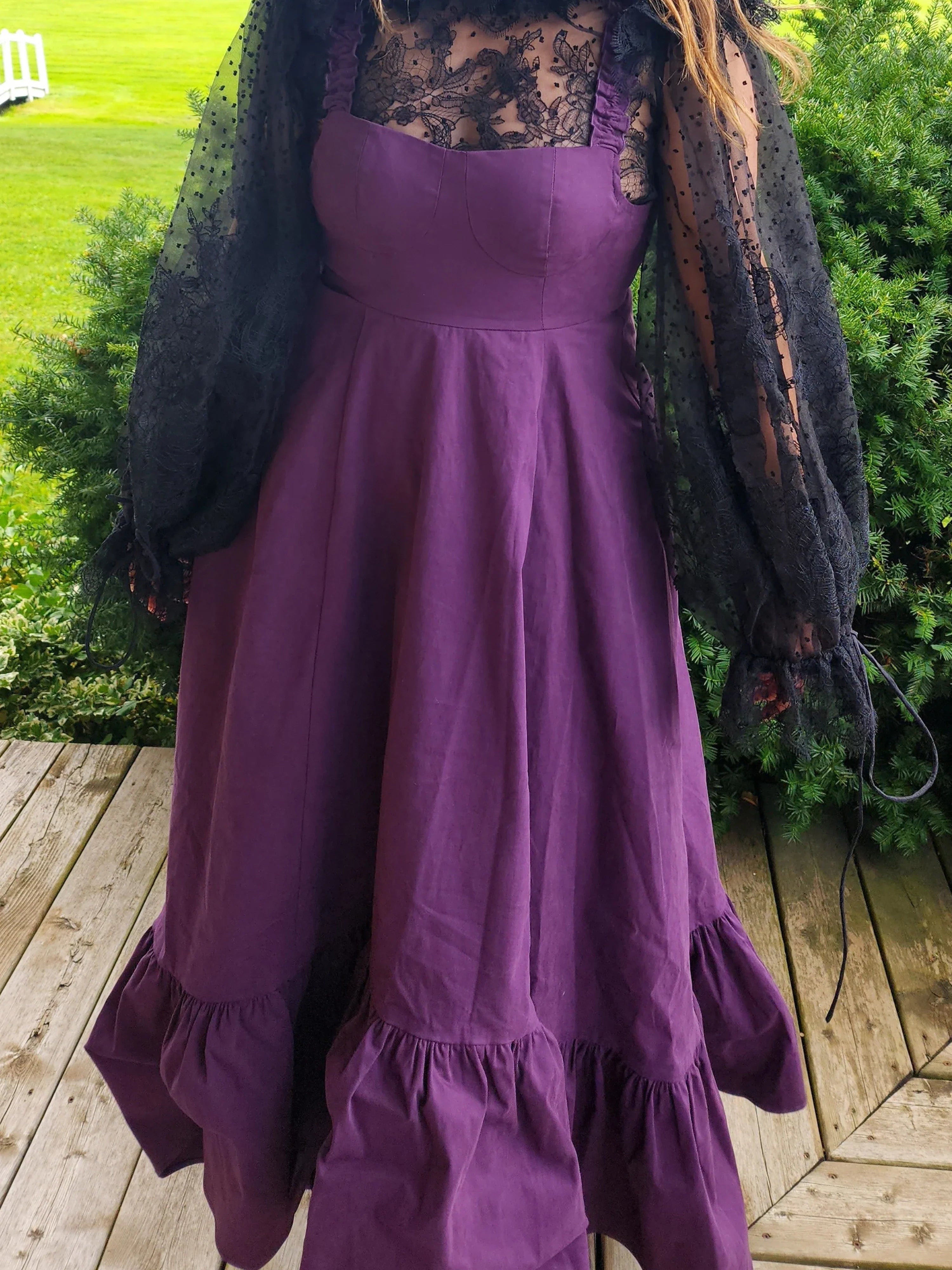 Purple Cotton Everyday Dress with fitted bodice, sheer black lace sleeves, and ruffled hem