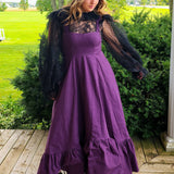 Purple Cotton Everyday Dress with sheer black sleeves and ruffled hem for stylish comfort