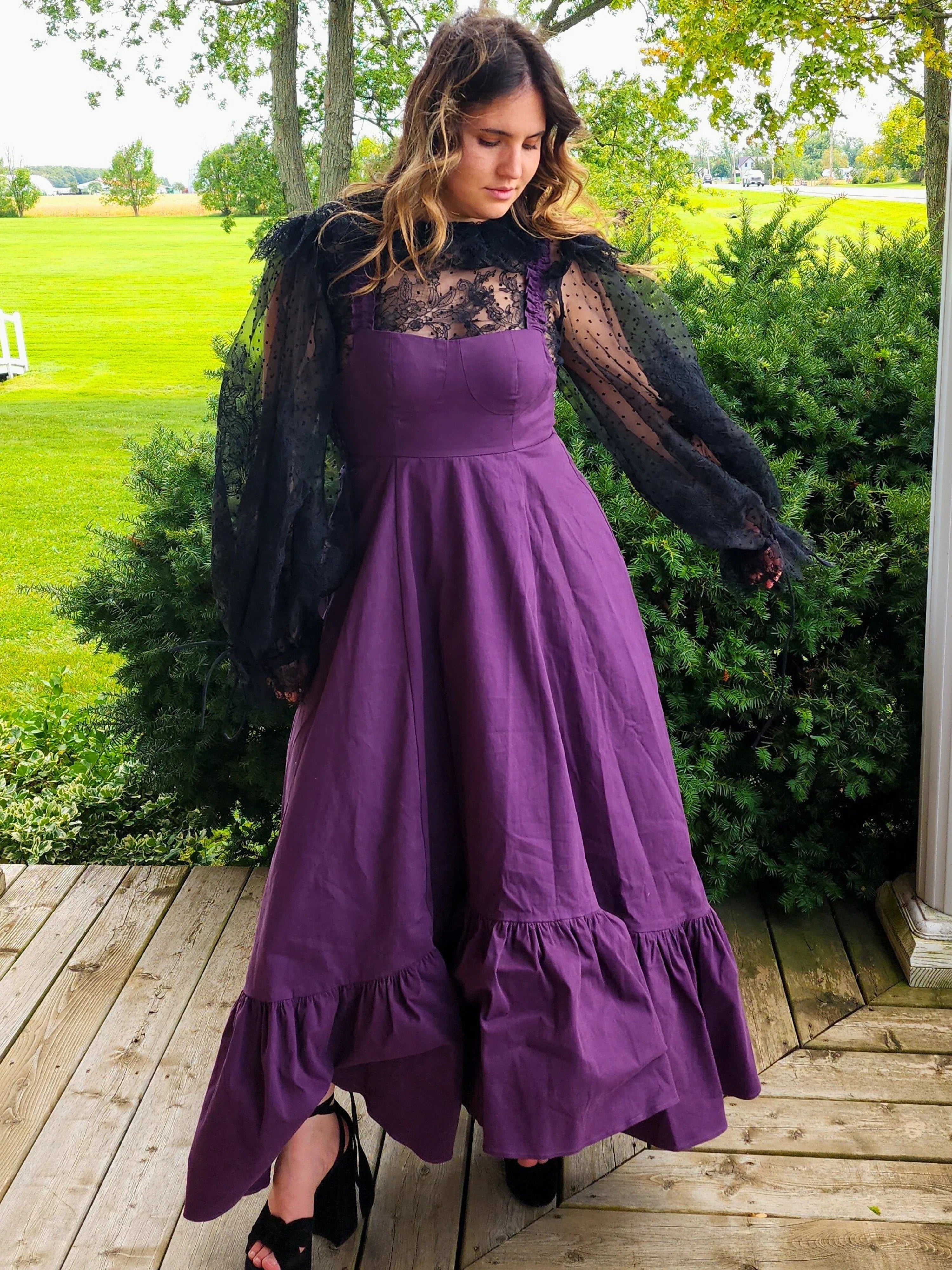 Purple Cotton Everyday Dress with sheer black sleeves and ruffled hem for stylish comfort