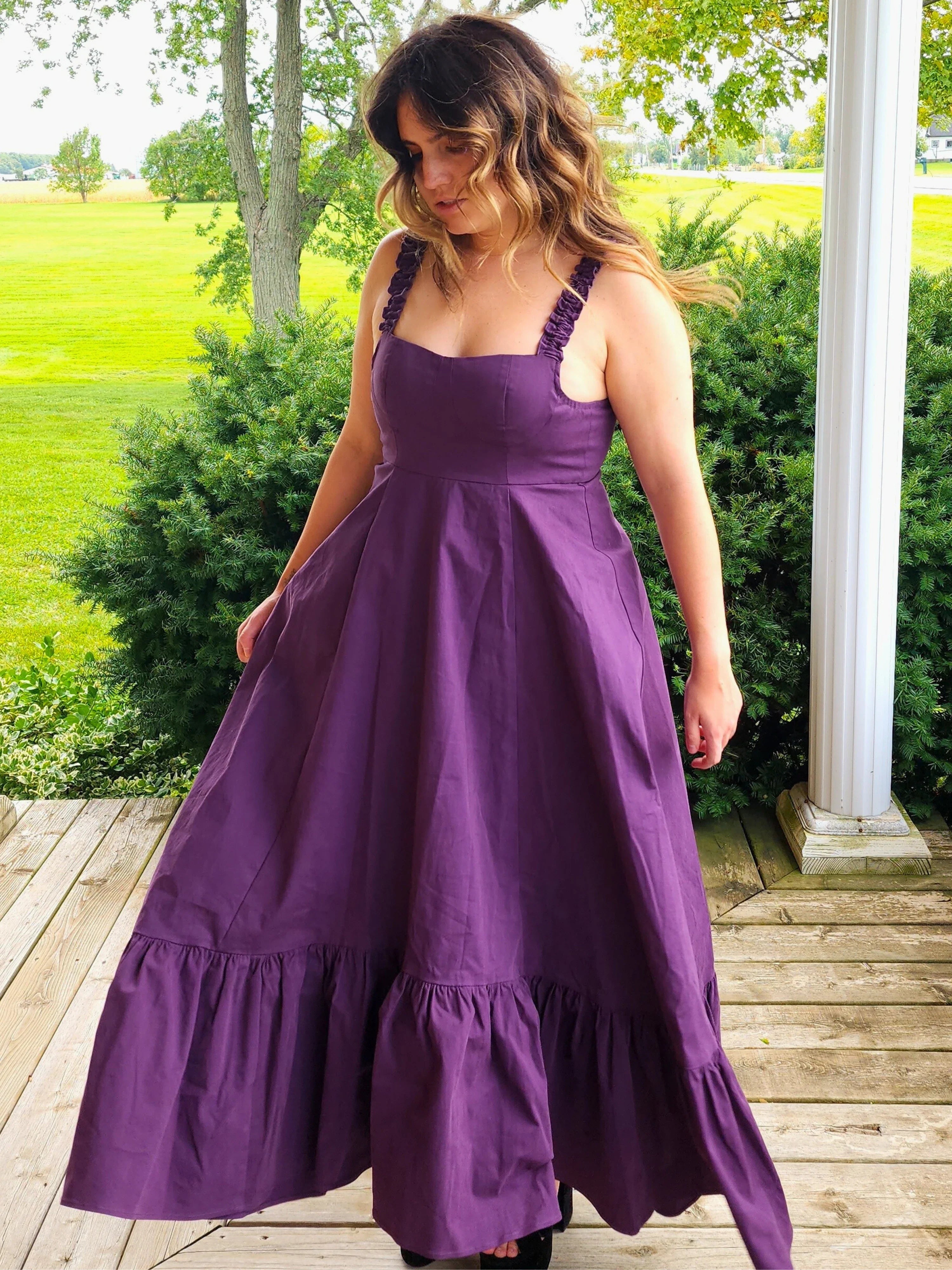 Purple Cotton Everyday Dress with ruffled hem and spaghetti straps for casual wear