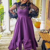 Purple Cotton Everyday Dress featuring sheer lace sleeves and ruffled hem