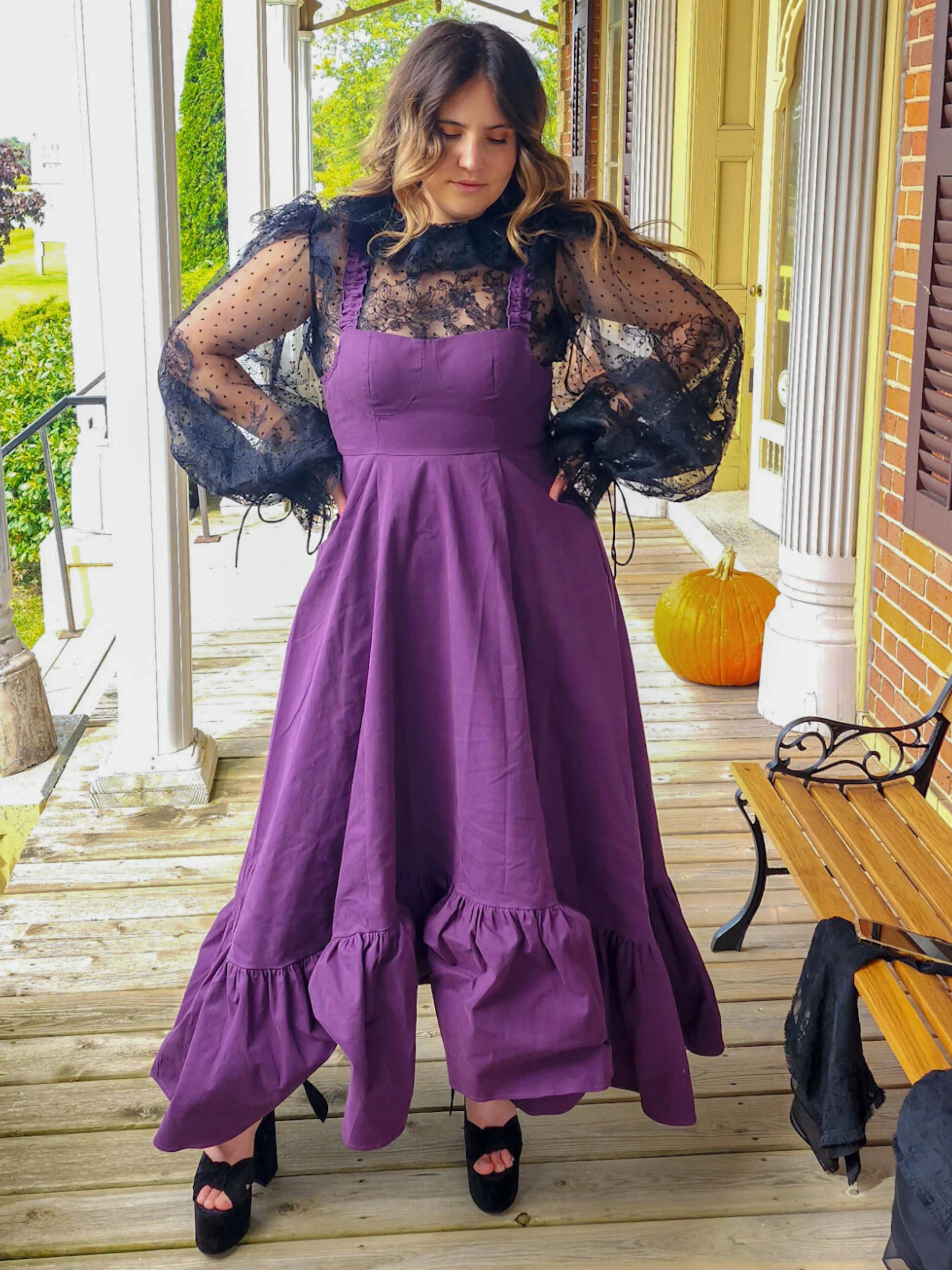 Purple Cotton Everyday Dress featuring sheer lace sleeves and ruffled hem