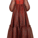 Flowing red floral dress with puffed sleeves, perfect for the Crimson Princess Gown