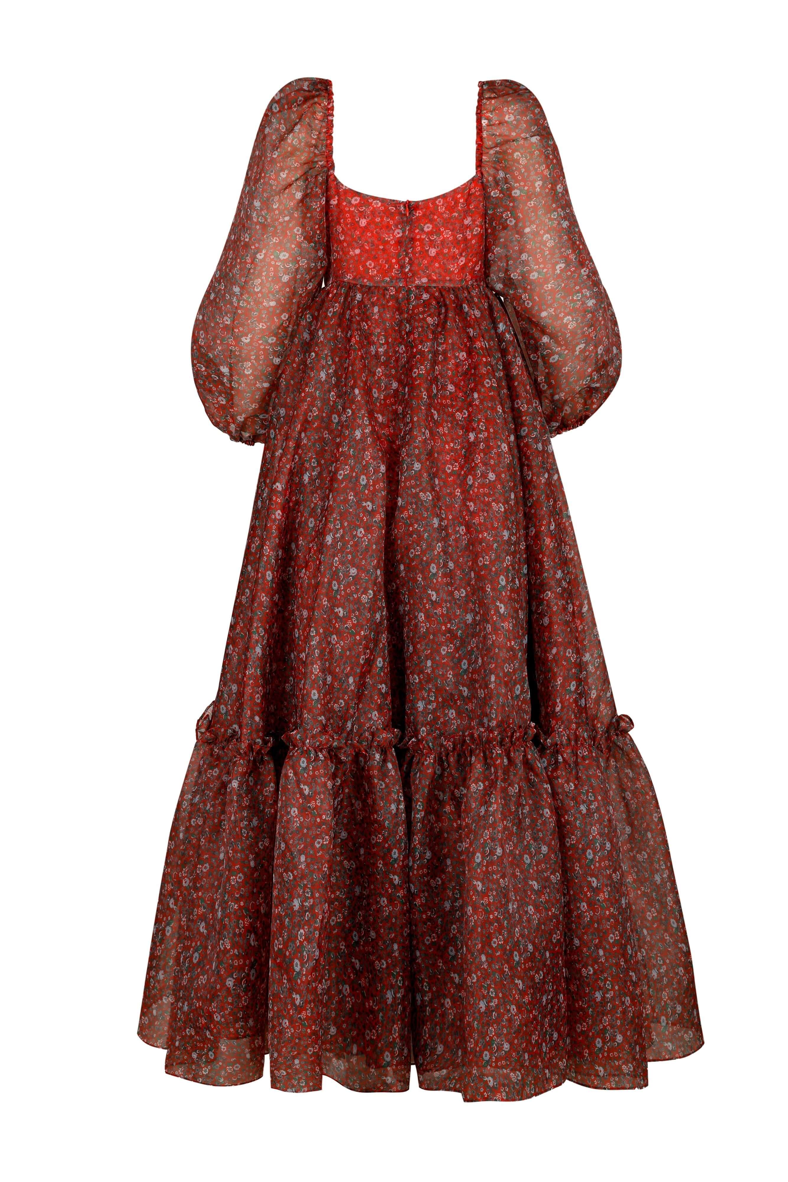 Flowing red floral dress with puffed sleeves, perfect for the Crimson Princess Gown