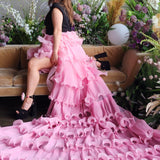 Dahlia Ruffle Skirt featuring a dramatic pink gown with cascading ruffles and snap closure buttons