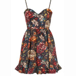 Floral stained glass pattern on a satin mini dress against a white background