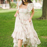 Flowing white floral dress with ruffled sleeves, The Dream Rainbow Apron Maxi Dress