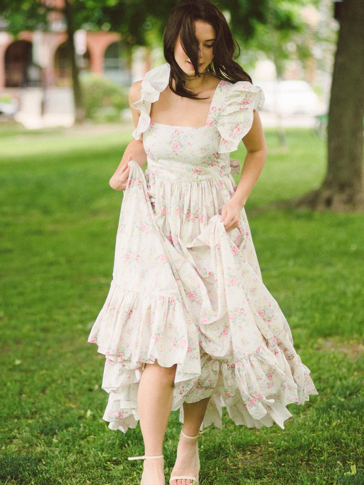 Flowing white floral dress with ruffled sleeves, The Dream Rainbow Apron Maxi Dress