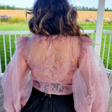 Pink lace Eleanor Top with sheer sleeves, perfect for a gown or puff dress