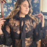 Sheer black lace blouse with long sleeves and grand bow sash, The Eleanor Top