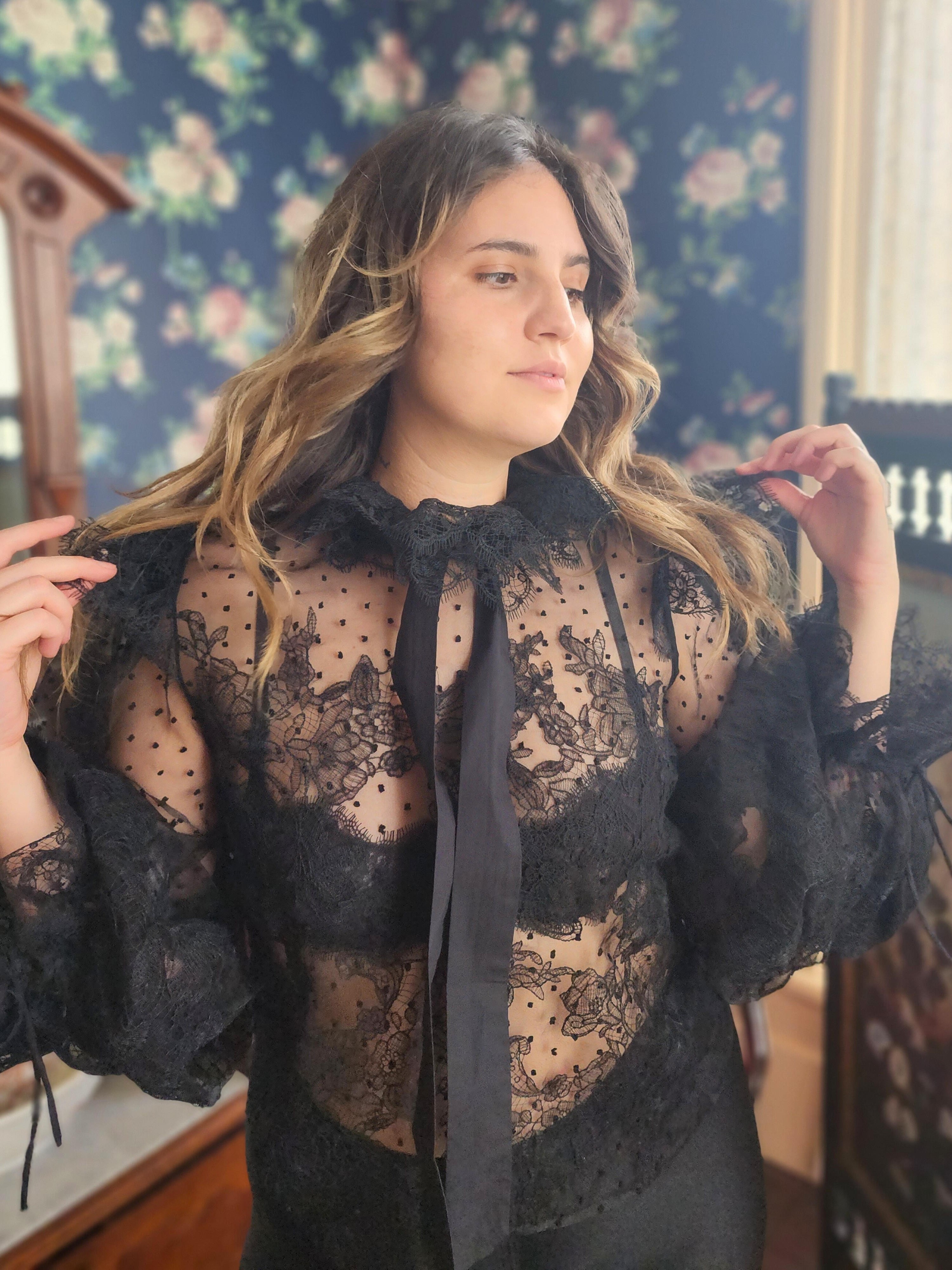 Sheer black lace blouse with long sleeves and grand bow sash, The Eleanor Top