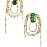 Ornate gold Emerald Bliss Earrings with emerald gemstones and elegant dangling chains