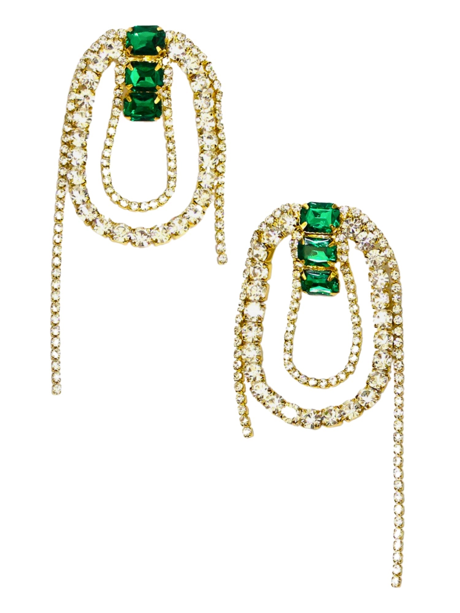 Ornate gold Emerald Bliss Earrings with emerald gemstones and elegant dangling chains