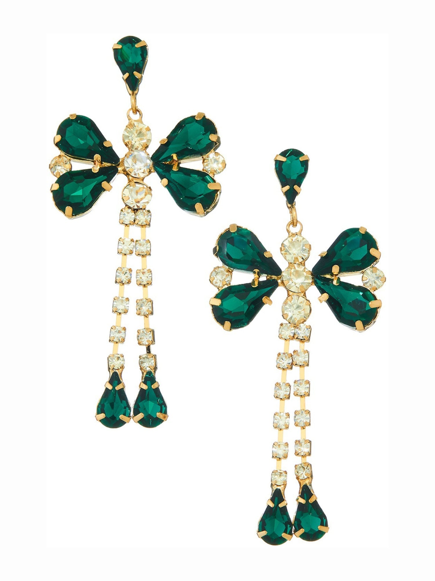 Ornate emerald dragonfly earrings with diamond accents in butterfly shape