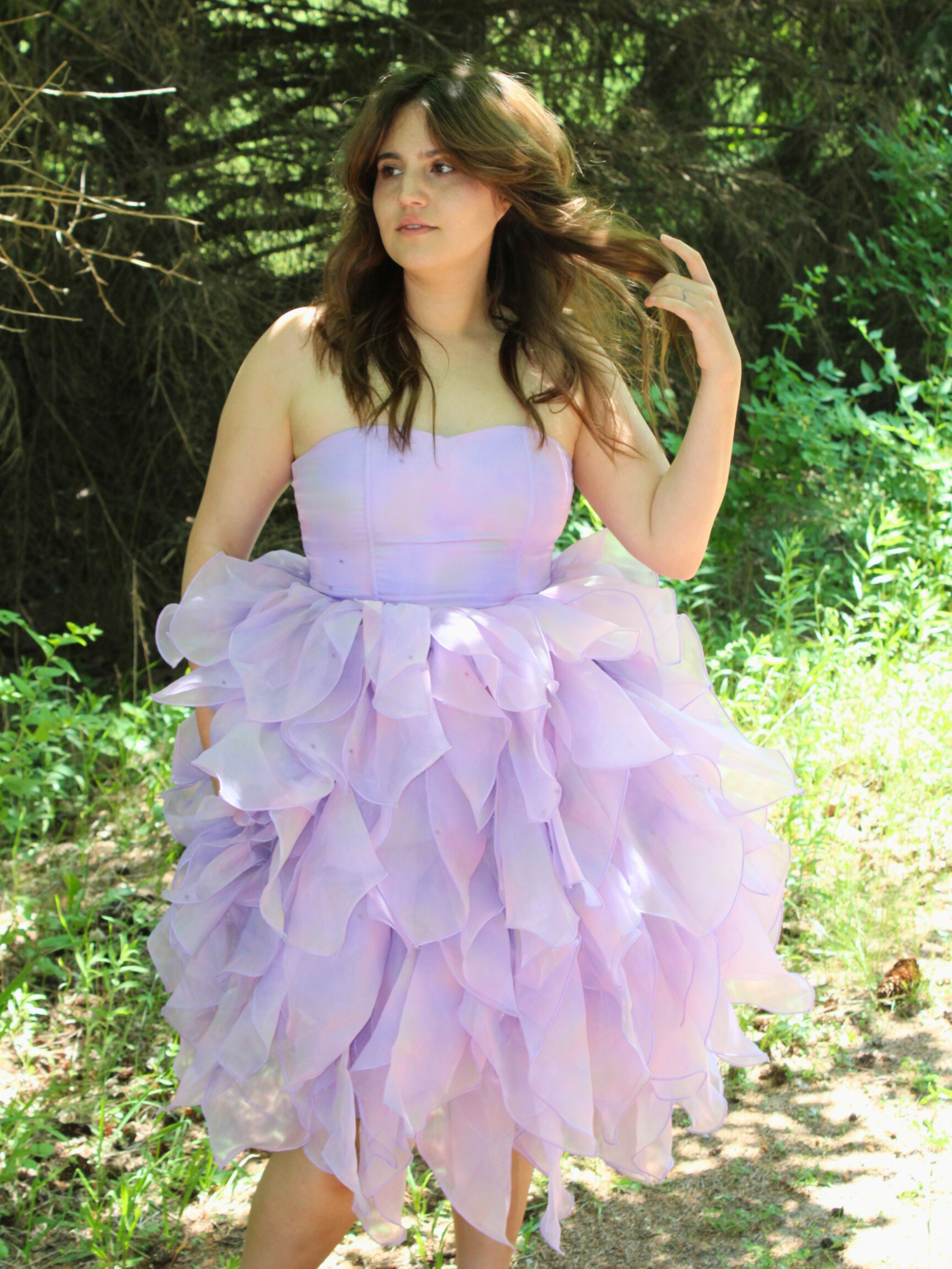 Lavender tulle Eventyr Dress with ruffled skirt and strapless bodice, hand dyed design