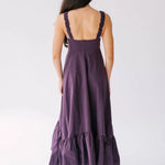 Back view of The Everyday Cotton Midi Dress highlighting ruched straps and flared hem, ideal for everyday wear.