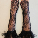 Pair of long black lace gloves with feathered cuffs, perfect for a gown or puff dress