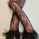 Long black lace gloves with feathered cuffs, perfect for a gown or puff dress