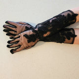 Pair of Fleur Embroidered Gloves featuring long sheer black lace with floral patterns