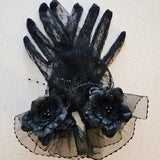 Elegant black lace Fleur Evening Gloves with fabric flowers and netting for gowns