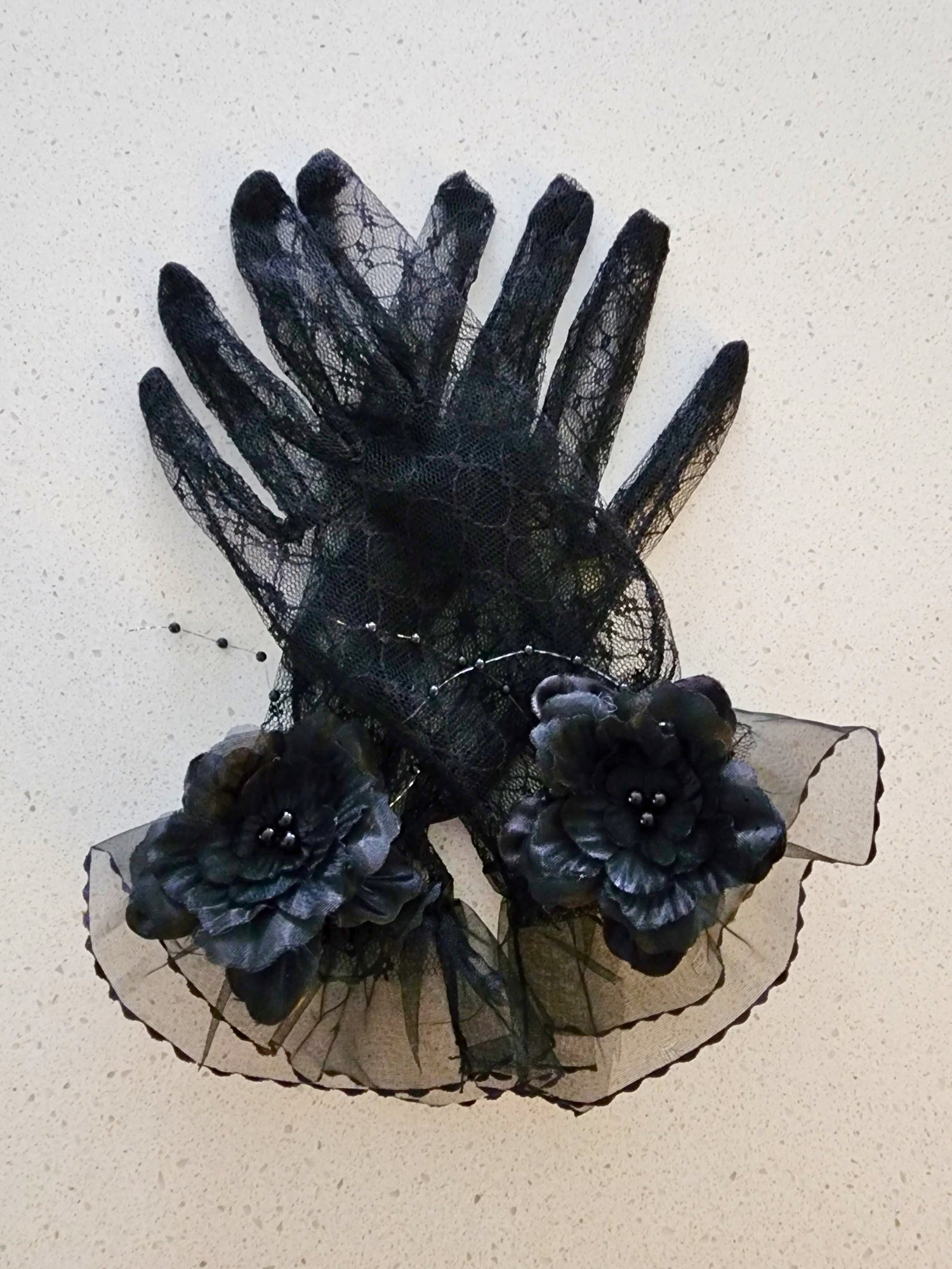 Elegant black lace Fleur Evening Gloves with fabric flowers and netting for gowns