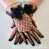 Elegant black lace gloves with ruffled cuffs for the Fleur Evening gown or grand bow sash