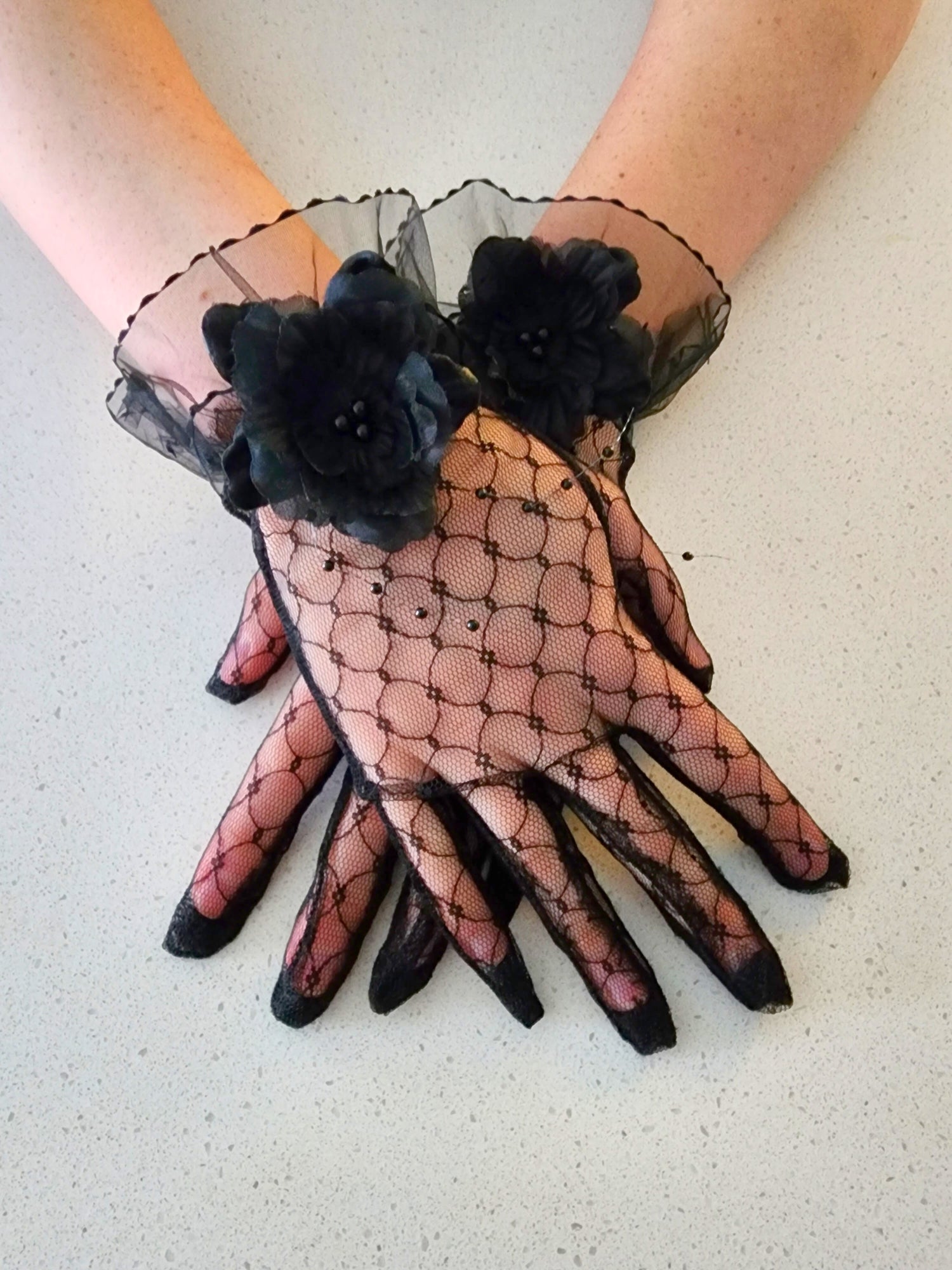 Elegant black lace gloves with ruffled cuffs for the Fleur Evening gown or grand bow sash