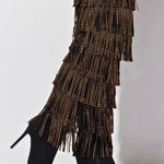 Side profile of The Fringe Thigh High Boots by Azalea Wang featuring pointed toes, stiletto heels, and cascading studded fringe details.