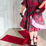 Red and gray plaid dress with puffed sleeves, 30 inches long, for bow lovers featuring Grand Bow Sash