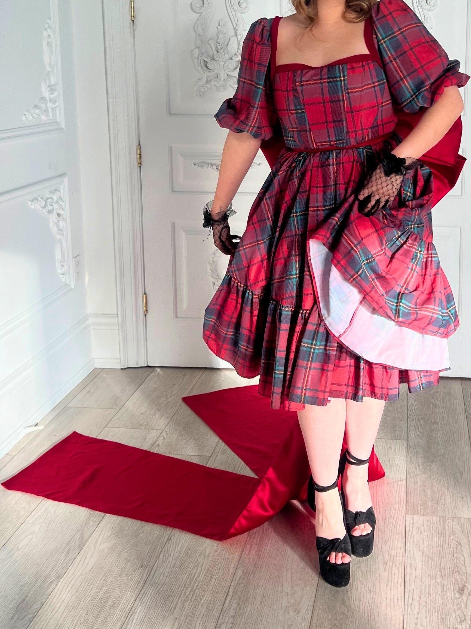 Red and gray plaid dress with puffed sleeves, 30 inches long, for bow lovers featuring Grand Bow Sash