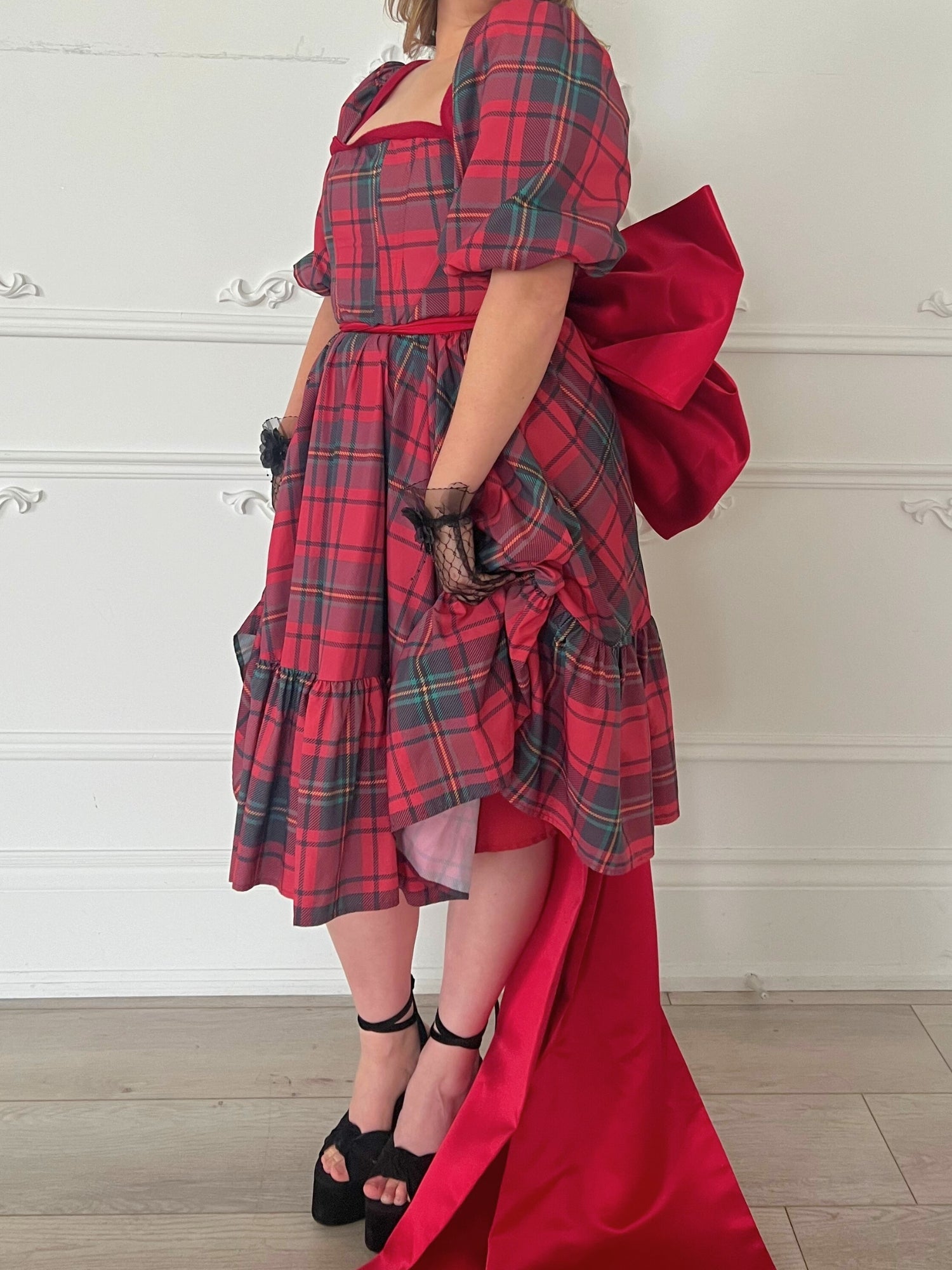 Red and gray plaid dress with tiered ruffles, perfect for bow lovers, 24 inches long