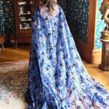 Flowing blue floral High Priestess Cape with a long elegant train