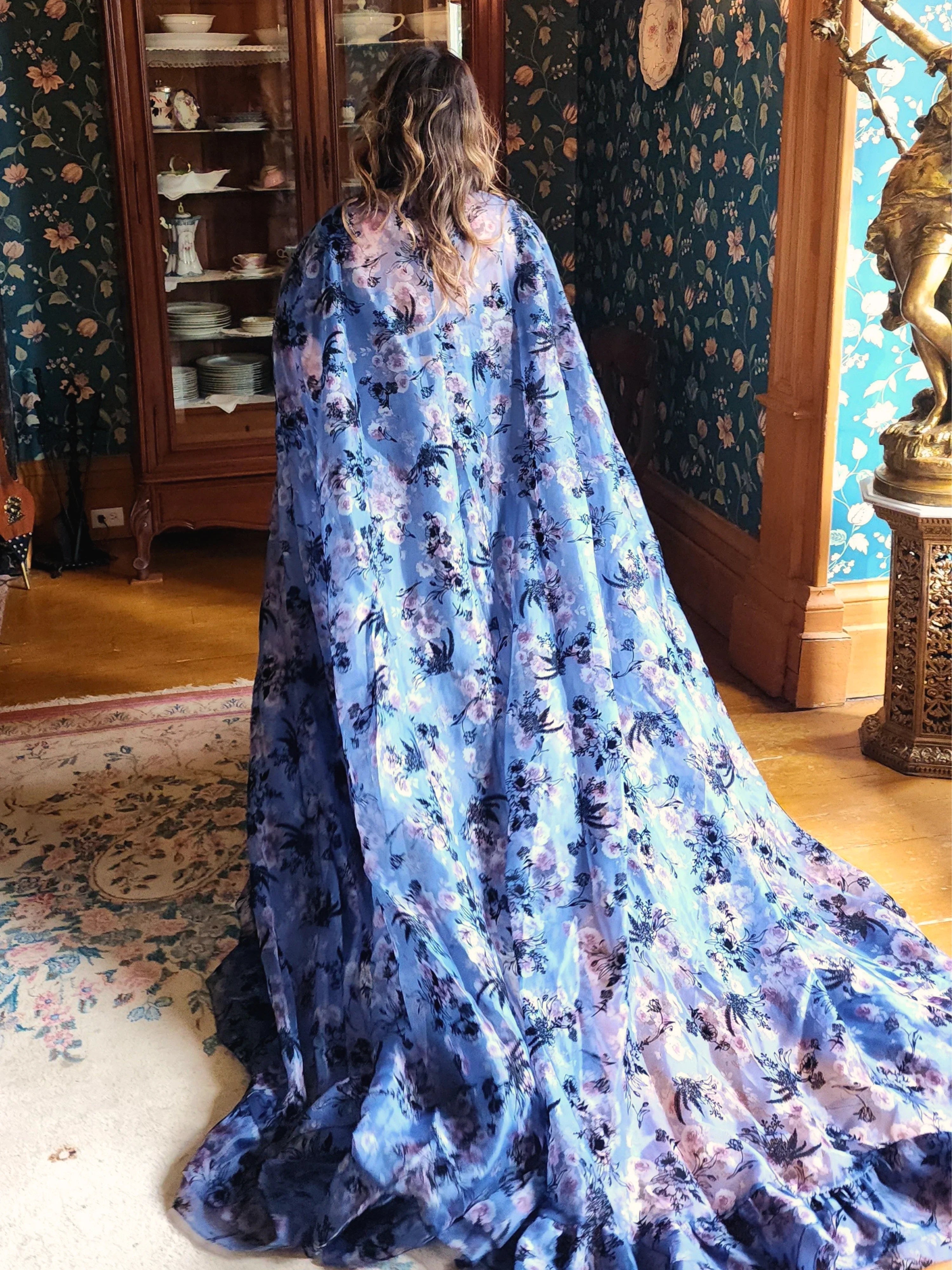 Flowing blue floral High Priestess Cape with a long elegant train