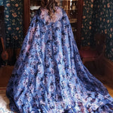 Flowing blue and purple floral High Priestess Cape with a long train