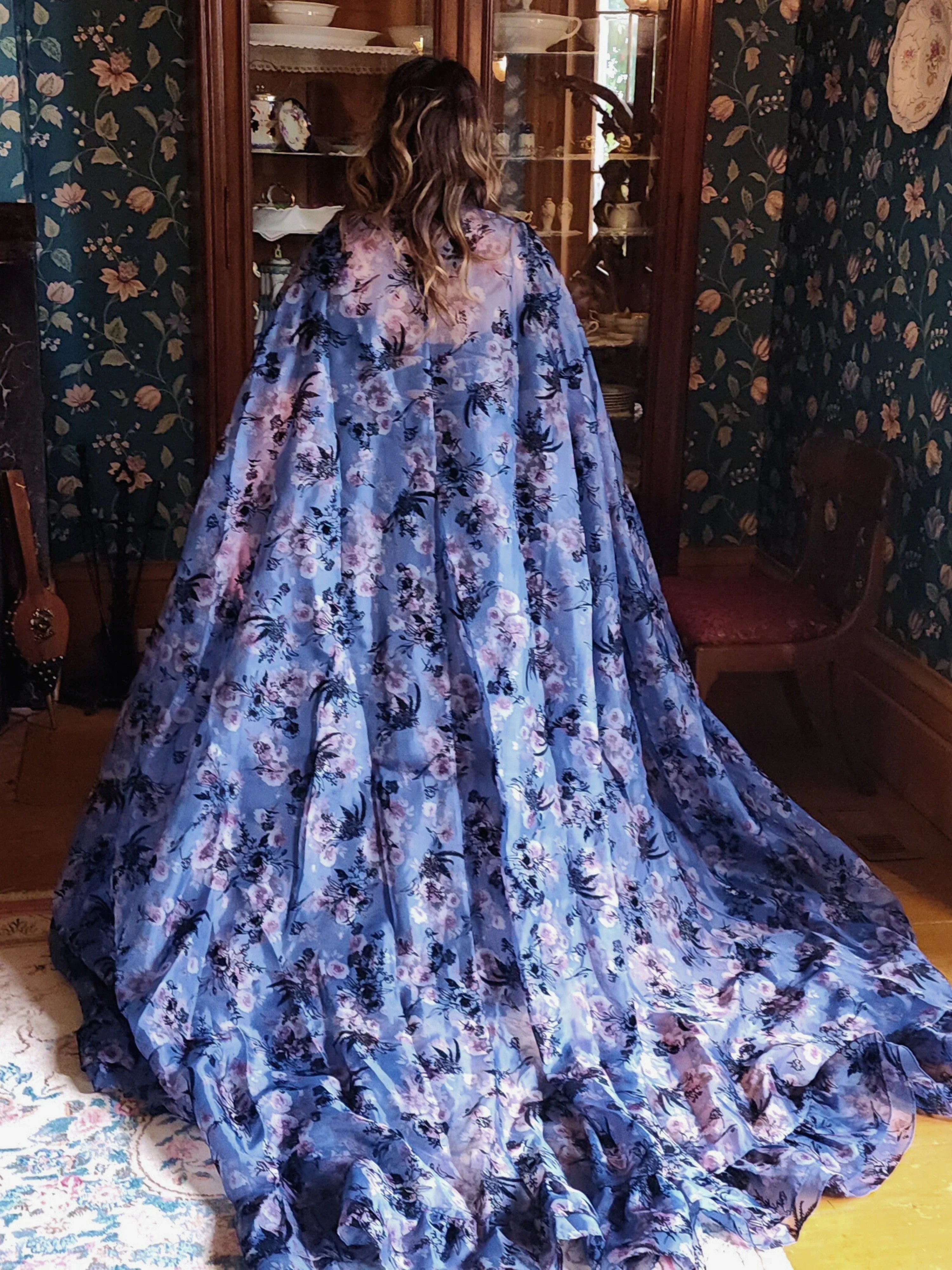 Flowing blue and purple floral High Priestess Cape with a long train