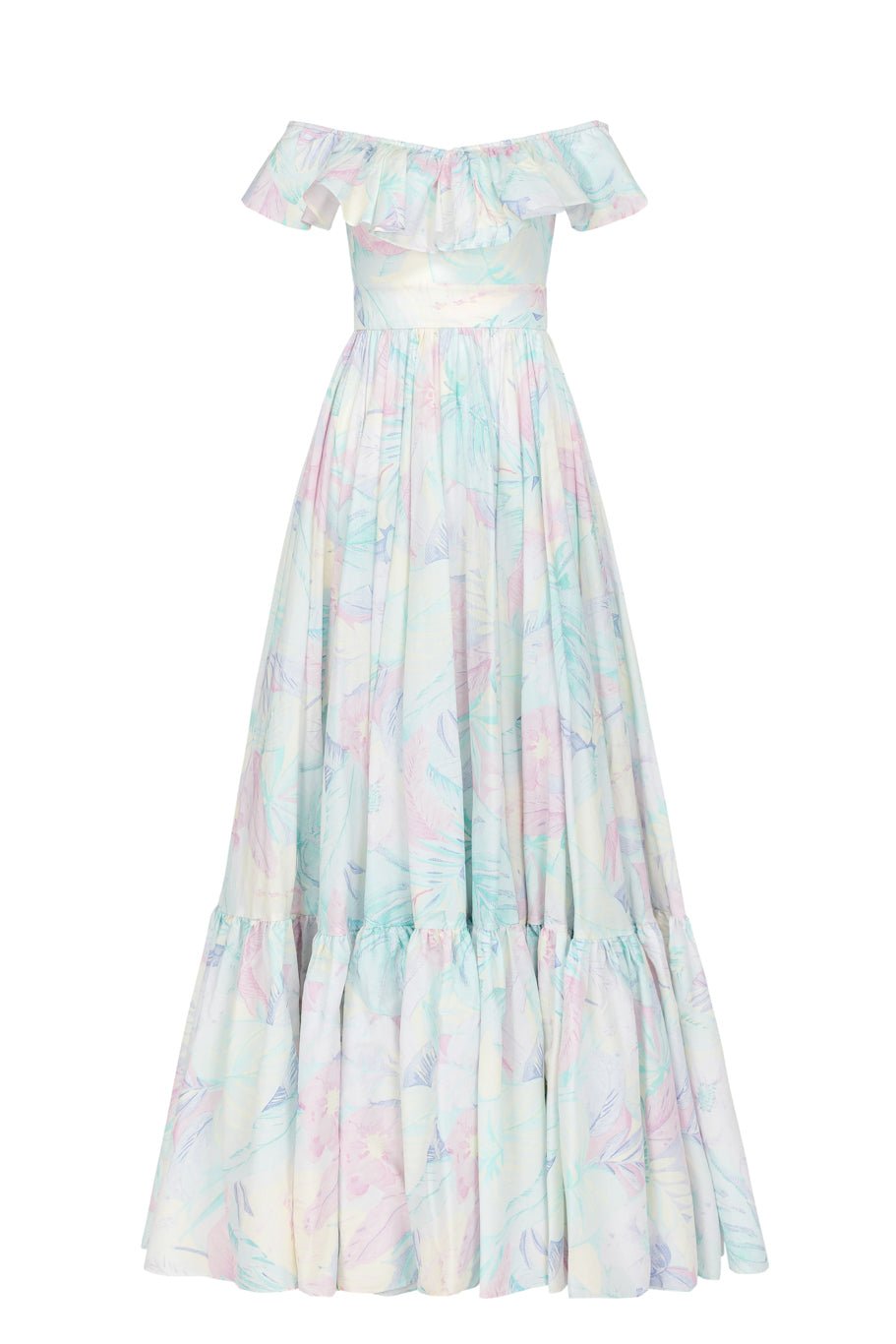 Off-shoulder pastel tie-dye maxi gown perfect for honeymoon romance in cotton