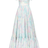 Off-shoulder pastel tie-dye maxi gown perfect for honeymoon romance in cotton